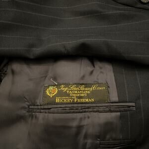Hickey Freeman Loro Piana Blazer Jacket 46L Black Blue Pinstripe Super 120 Wool
